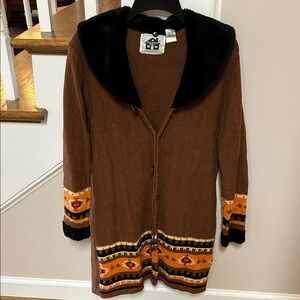 Storybook Knits M Mosaic Montage Southwest Brown Cardigan with Black Trim